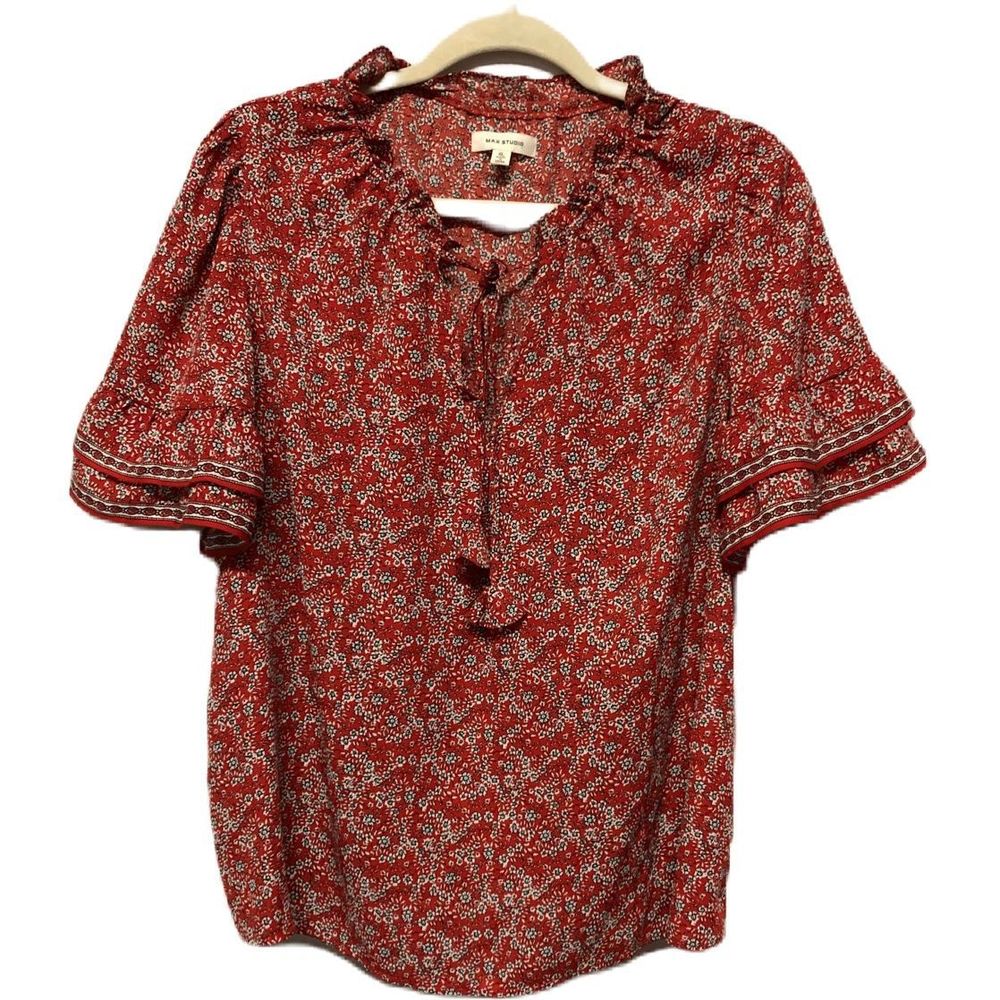 Max Studio XL Red Tiered Ruffle Sleeves, Floral Print Key Hole, Tie Closure Top
